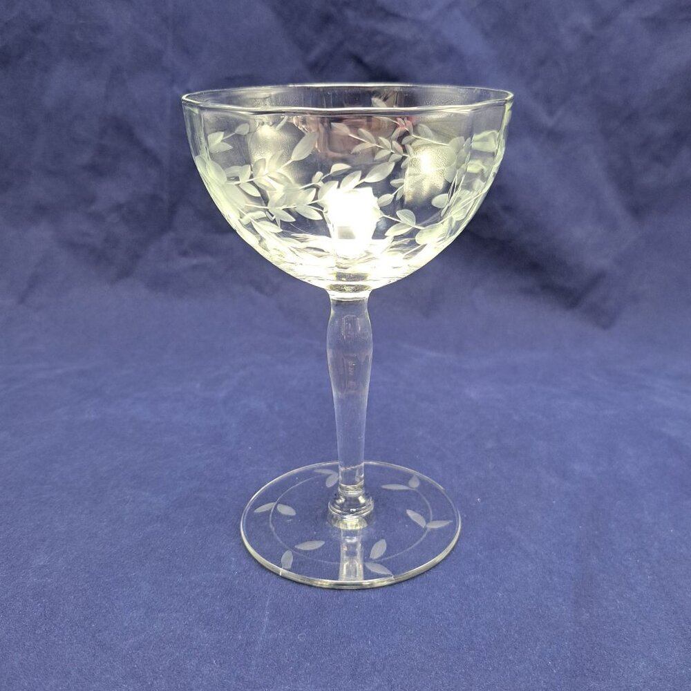 Vintage Etched Glass Sherbet Champagne Coupe Goblet With Floral Vine Design